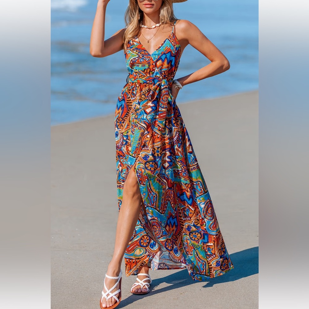Cupshe Colorful Boho V-Neck Tie-Waist Maxi Dress - Multicolor